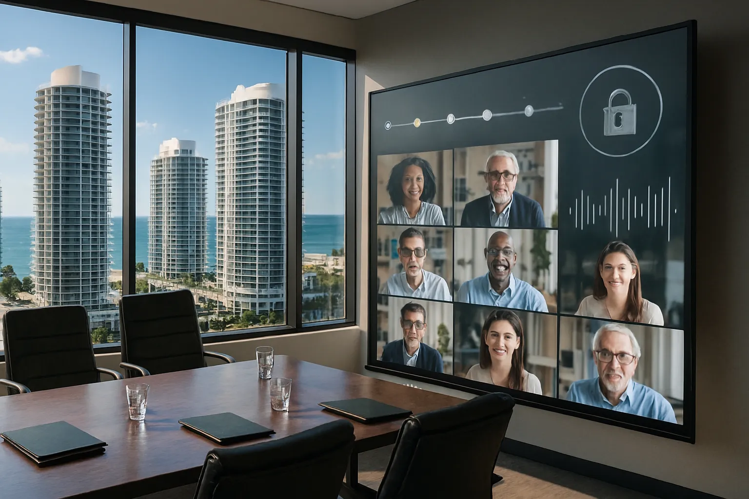 Virtual condo board meeting with compliance check overlay